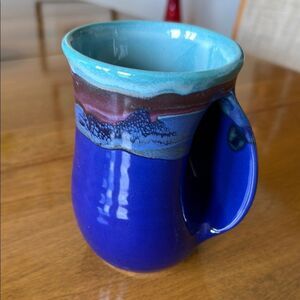 Neher Signed Studio Art Pottery Right Hand Warmer Mug Cup Blue Green Drip 2021